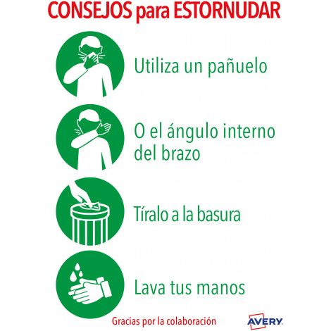 SEÑALES ADHESIVOS PREIMPRESO  CONSEJO PARA ESTORNUDAR SOBRE DE 2 HOJAS EN A4 AVERY AVKITCOVID5ES