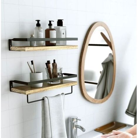 Étagères Murales en Bois et Métal Lot de 2 avec Porte-Serviettes Amovible pour Salle de Bain, Salon, Chambre, Cuisine (1/3)