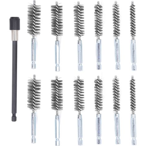 13 PCS Bore Brush Set 8 mm 10 mm 12 mm 15 mm 17 mm 19 mm de diamètre 1/4 pouce Drift Brosses de nettoyage avec du fil en acier à tige d'extension de 15 cm (argent)