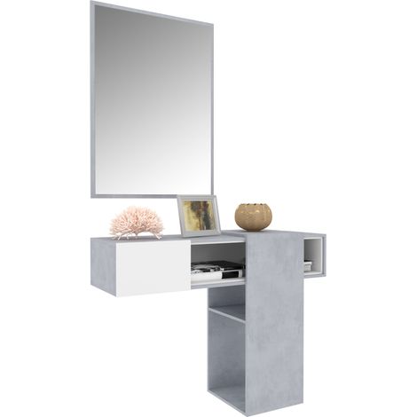 Mobile Danzica Mobiletto da Ingresso Mensola Sospesa con Specchio E Ripiani Scorrevole Arredo Arredamento Sala 100 x 31.5 x 75 cm Colore Bianco e Cemento