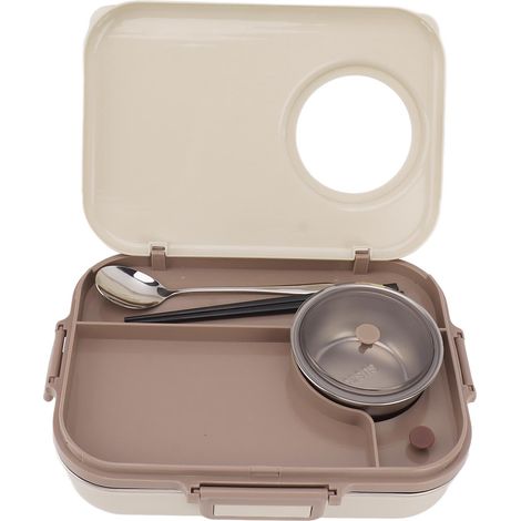 Boîte à lunch en acier inoxydable avec bol à soupe, cuillère et baguettes, beige, étanche, format bento portable pour le camping et les pique-niques, 4 compartiments, 1200 ml (1/5)