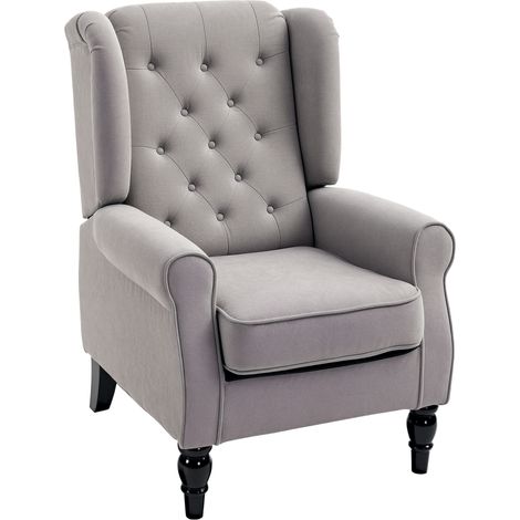 Klassischer Lounge-Sessel aus grauem Stoff, breit und tief, mit Armlehnen und Holzbeinen, Maße 74x86x102 cm, ideal zum Entspannen.