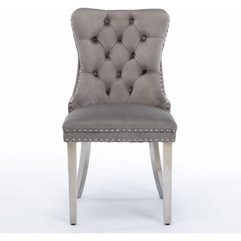 Chaises salle à manger velours gris pieds acier chromé cloutées lot 2 DE1701GY 47x53x87cm