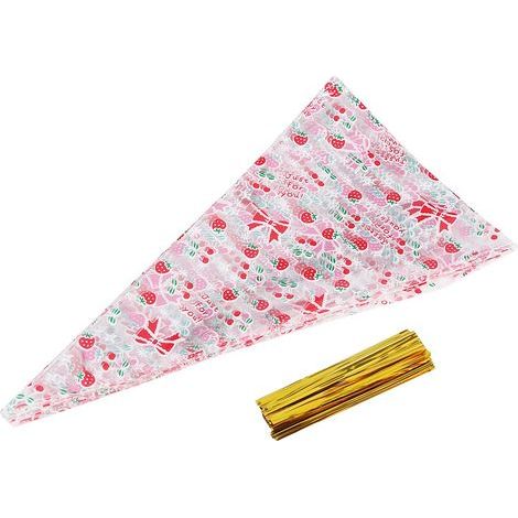Sachets cône transparents 50 pièces pour pop-corn, bonbons, cellophane avec attaches cerise (1/4)