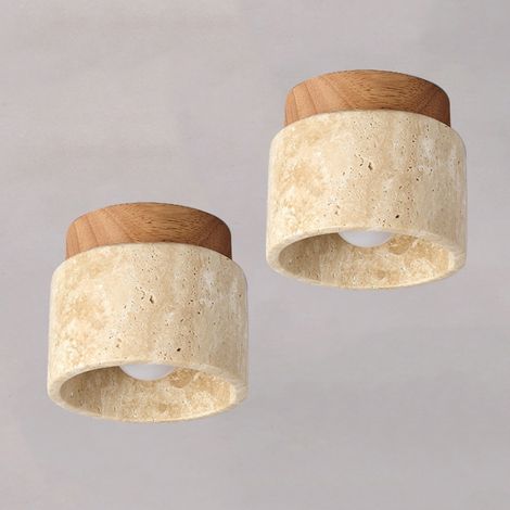 Retro Deckenleuchte Holz Travertin Deckenlampe Warmweißes Licht Ø12CM für Flur Küche Café Restaurant - 2Pcs