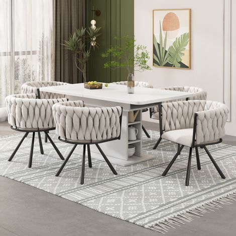 Silla de comedor giratoria 59x54x72 cm en lino beige y negro, lote de 6, estable – MEUBLIV (1/5)