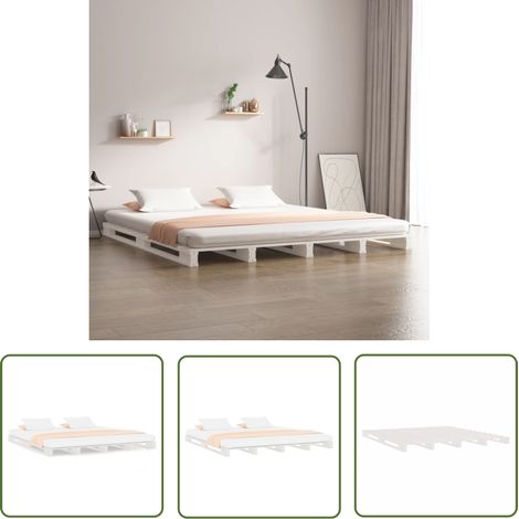 The Living Store Lit de palette blanc 160x200 cm bois de pin massif - Lit Plateforme - Lit Bois - Lit Design - Lit Double - Lit Contemporain (1/5)