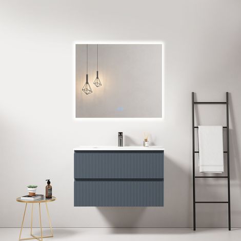 Mobile bagno sospeso cannettato 80 cm Blu Mare Lavabo in Ceramica Specchio Quadro Retroilluminato - Fiji Paint (1/4)
