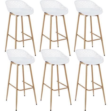 TRESSIE - Lot de 6 Tabourets Blancs Pieds Effet Bois Verni (1/5)