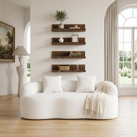 FurnitureR Wohnzimmer Set rundes 2 Sitzer Sofa mit 4 Wandregalen modernes Möbel Set komfortable Sitzlösung mit Aufbewahrung für kleine Räume Creme Holzoptik