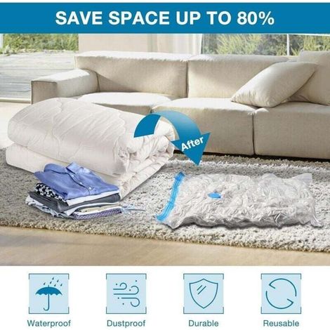 Sac Rangement Sous Vide Aspirateur,Sac Vetement Reutilisable,Housse de Rangement Sous Vide Couettes avec Pompe Manuelle 60x80cm-5pcs (1/5)