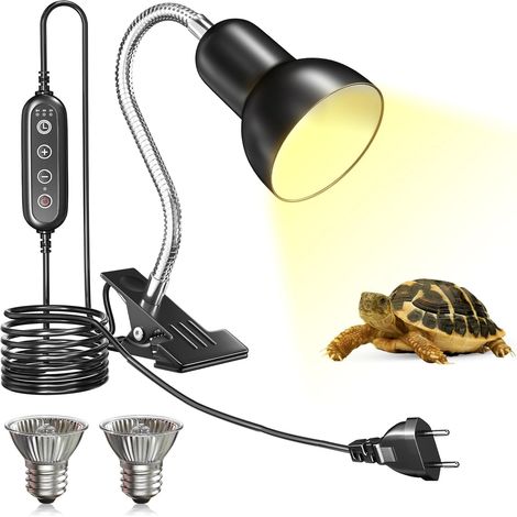Lampe Chauffante Tortue, E27 Lampe Chauffante Terrarium avec Fonction Minuterie et Contrôle de Température, Avec Deux 100W E27 UVA UVB Ampoule Chauffante avec Clip pour Tortue (1/5)