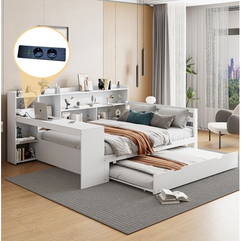 Divano letto multifunzione in legno bianco 140x200 cm con letto estraibile, scrivania, librerie e presa USB (1/5)