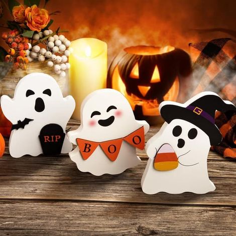 Décorations d'Halloween fantômes mignonnes pour l'intérieur, ensemble de 3 panneaux décoratifs en bois pour étagère ou table, motif chat noir, chauve-souris, balai de sorcière et citrouille (style B-G (1/5)