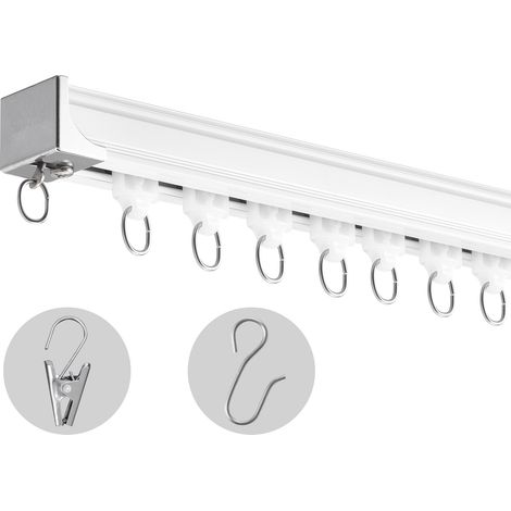 Mophorn Juego de rieles para cortina de techo de 17,7 pies de, sistema de rieles deslizantes para cortina para divisor de ambientes, montaje en techo o pared con ganchos y herrajes, color blanco
