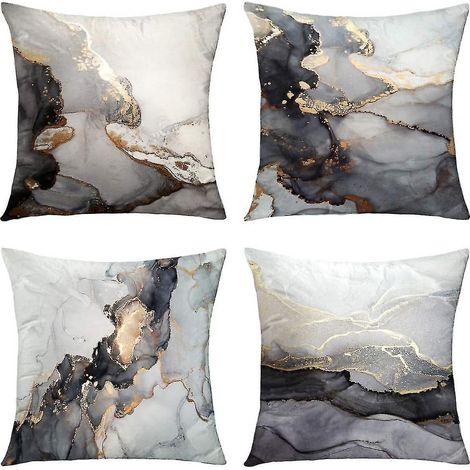 Housses de coussin décoratives Wekity à texture marbre noir et or argenté, luxueuses, abstraites, fluides, en velours doux, carrées. (1/4)