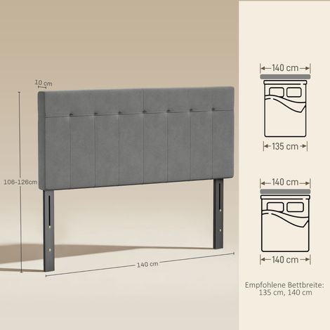Tête de lit à hauteur réglable en 3 positions avec pieds métalliques Aspect velours pour chambre 140x10x106/116/126 cm Gris (1/5)