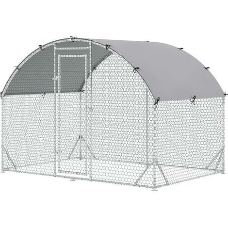 Hühnerstall Freilaufgehege aus Stahl, 280 x 190 x 197 cm Hühnerkäfig mit UV-beständiger Abdeckung, Tür, Hühnergehege für 4-6 Hühner, Kleintiere, Silber