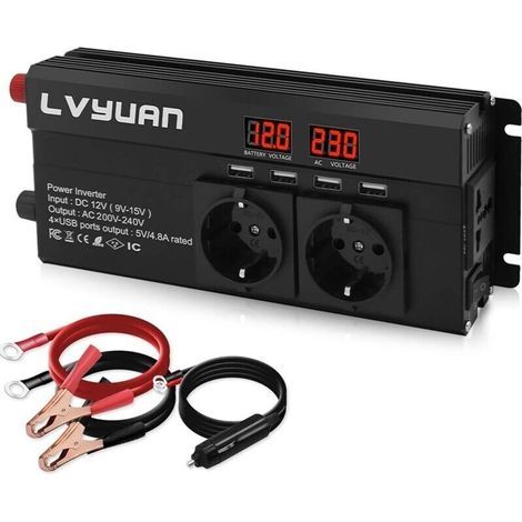 12V to 220V 1600W DC to AC Power Converter Car Inverter Transformer with 4 USB Ports, 2 EU Plugs (1/4)