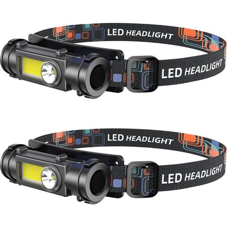 Set aus 2 LED-Stirnlampen für den Außenbereich mit verstellbarem Kopfband, dualer Beleuchtung (Nah-/Fernlicht) und 180°-Drehung.