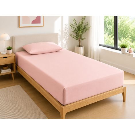 Drap Housse 90x190 cm 1 Place 100% Coton 57 Fils/cm² Bonnet 30 cm Rose dragée (1/3)