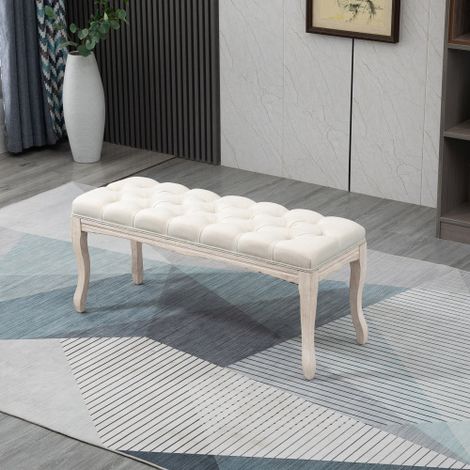 Banc rembourré 110x40x48 cm, coffre pour chambre et salon, cadre en bois d'hévéa - Tissu lin beige