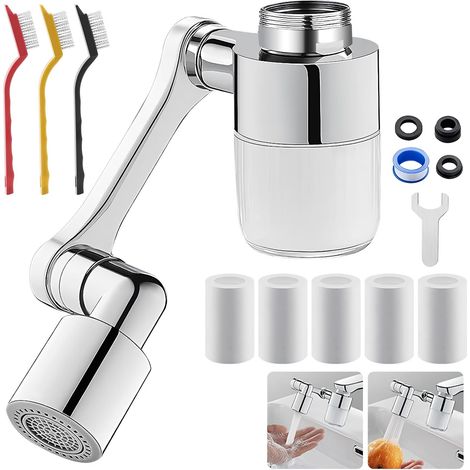 Um 1080° drehbarer Wasserhahnauslauf mit verstellbarem Luftsprudler, Universalfilter, schwenkbare Wasserhahnverlängerung mit 5 austauschbaren Filterkartuschen, Küchenreinigungsbürste und (1/5)