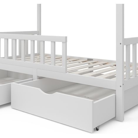 Lit cabane Franka, Blanc, 80x160 cm avec 2 tiroirs, Vitalispa