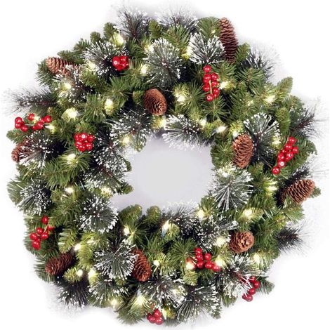 Guirnalda navideña artificial preiluminada de National Tree Company, verde, abeto Crestwood, luces blancas, decorada con piñas, racimos de bayas, ramas escarchadas, colección navideña, 61 cm (24 pulga (1/4)