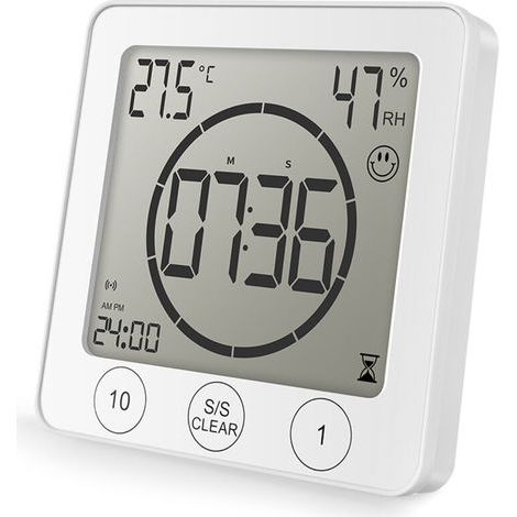 Horloge de Douche Salle de Bain, Contrôle Tactile étanche, Alarme Numérique LCD, Thermomètre Hygromètre, Minuterie de Compte à Rebours, Alimenté par Pile, pour Maquillage Cuisine (blanc) (1/5)