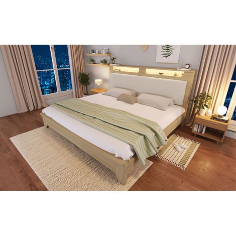 Letto matrimoniale in legno e corduroy beige 160x200 cm con testiera contenitore, LED e materasso incluso (1/5)