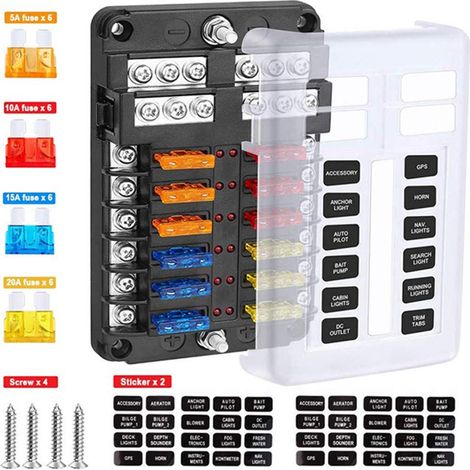 12-Wege-Sicherungskasten, Flachsicherungshalterblock mit Minuspol für Busse mit LED-Anzeige, wasserdichte Schutzhülle für Boot, Auto, LKW, Wohnmobil