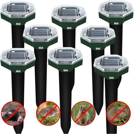 8-in-1 Ultraschall-Abwehr gegen Nagetiere, Schlangen und Maulwürfe, 8 Stück (grünes oktogonales Solar-Modell)