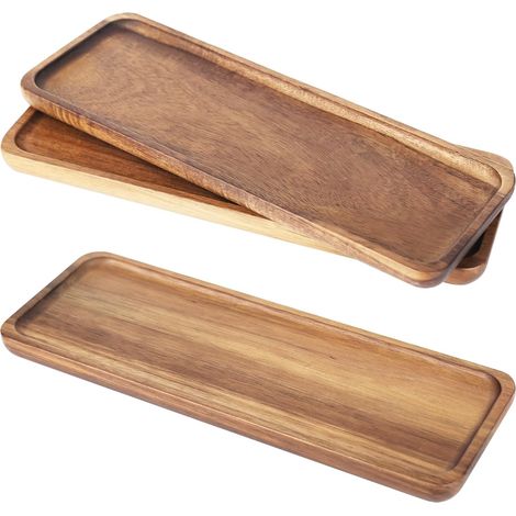 Lot de 3 plateaux rectangulaires en bois d'acacia - 29 x 10,5 cm - Plateau décoratif pour dessert, cosmétiques, bijoux, bougies (1/5)