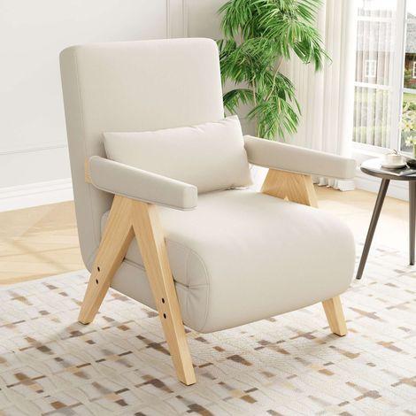 Fauteuil convertible 3-en-1 beige, fauteuil-lit 1 place avec dossier réglable 6 positions, coussin lombaire et pieds en bois massif (1/5)