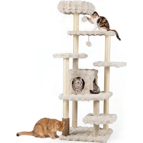 Arbre a Chat xxl 170cm Multi-Niveaux avec Grand Condo Tour Chatons Interieur, Poteaux Griffoirs en Sisal, Perchoir Rembourré Lavable, Beige (1/5)