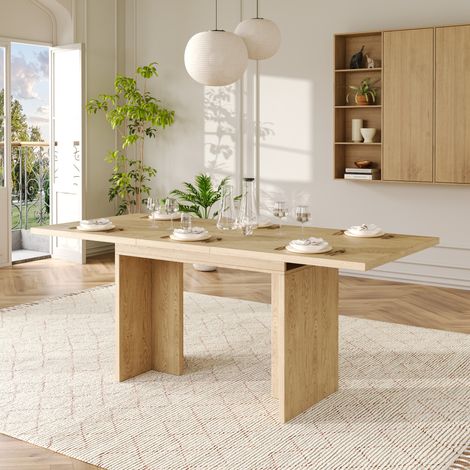 Mesa extensible de comedor 140/180 x 80 cm, para 6 a 8 personas, MDF, color roble DESVIAE (1/5)