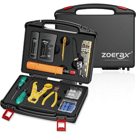 Kit d'outils réseau RJ45, pince à sertir, testeur RJ45, outil pour poinçonner 110/88, pince à dénuder, cutter, connecteurs traversants Cat6 et embouts (1/5)