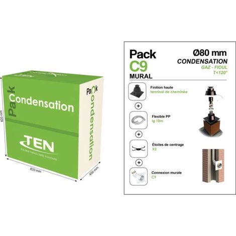 Pack de Tubage Flexible Ø80mm L10m avec Terminal Noir pour Chaudière Ventouse Gaz ou Fioul à Condensation C9 TEN - 444996