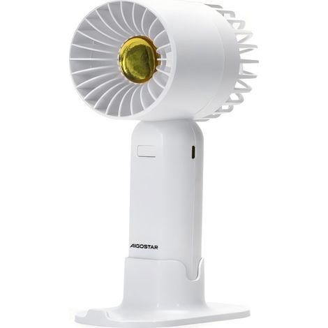 Ventilateur portable 2,7 pouces à 7 pales, 3 vitesses, batterie rechargeable 500 mAh, blanc avec support de table. (1/3)