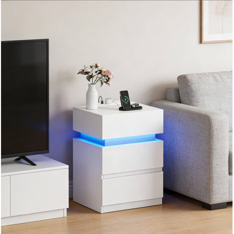 MEUBLIV Mesita de noche blanca con LED regulable, 2 cajones y estación de carga (1/5)