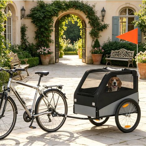 Remorque vélo pour chien 20" 139x72x88 cm en Oxford noir/gris, gain de place, FloraGrace (1/5)