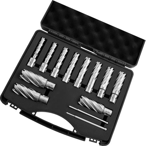 Mophorn HSS-Kernbohrer-Set mit Weldon-Schaft, 13-teilig, Schnittdurchmesser 11,11–26,98 mm, 11 Bohrer und 2 Zentrierstifte, 50,8 mm Schnitttiefe, Kunststoffkoffer, geeignet für Magnetbohrmaschinen (1/5)