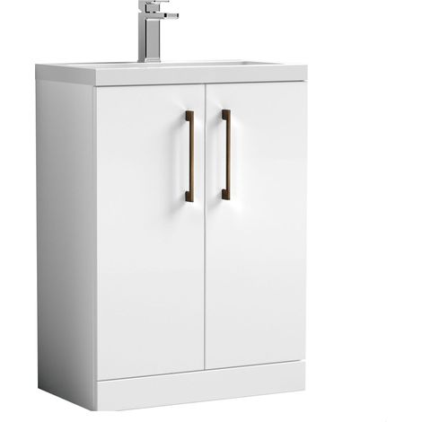 Balterley Bramshall Compact Bathroom Cloakroom Vanity Basin Unit with Polymarble Basin, Brushed Bronze Handles, 600mm, Gloss White