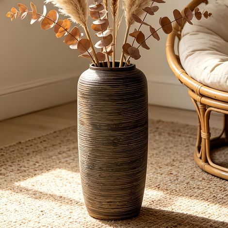 Grand vase de sol, en céramique, rustique, marron, 40 cm, style bohème, vintage, pour décoration de la maison, vase texturé en terre cuite pour salon, étagère ou entrée (1/5)