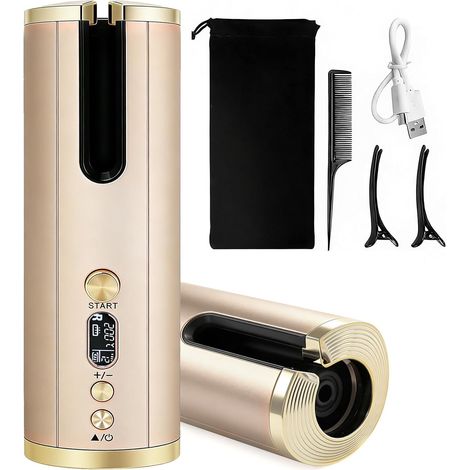 Fer à friser rotatif automatique, sans fil, en céramique, 6 niveaux de température, rechargeable, compact, pour voyage et extérieur, or champagne (1/5)