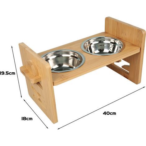Gamelle surélevée pour chien et chat avec support en bambou réglable et 2 gamelles en acier inoxydable, 40 × 18 × 19,5 cm – couleur bois naturel (1/3)