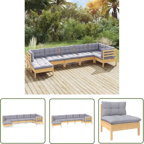 The Living Store 7-tlg. Garten-Lounge-Set mit Grauen Kissen Kiefer Massivholz - Gartengeräte - Lounge Set - Gartenmöbel - Outdoor Möbel - Esszimmergarnitur (1/5)
