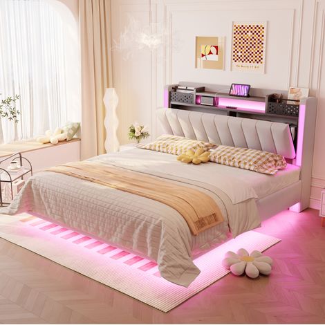 letto contenitore 140x200 LED USB lino beige moderno HAVRYA (1/5)