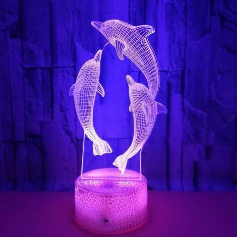 Qinwei 3D Delfin LED-Tischleuchte aus Acryl, 3D USB-Dekorationslampe, 7 wechselnde Farben, ideales Geschenk fürs Schlafzimmer, mit rissiger Sitzfläche. (1/4)